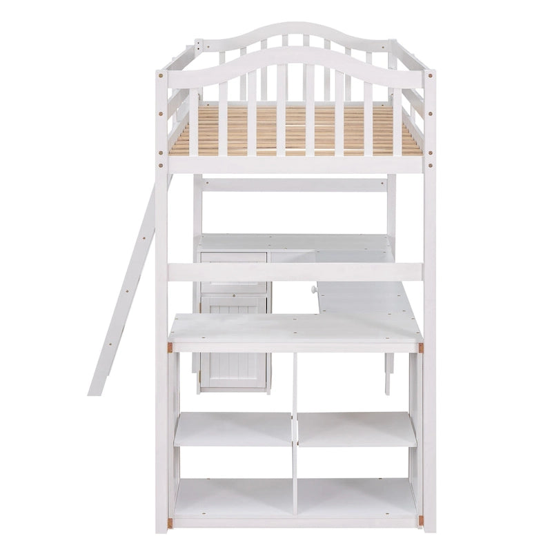 Cama alta tipo loft clásica de madera de pino con escritorio y almacenamiento integrados