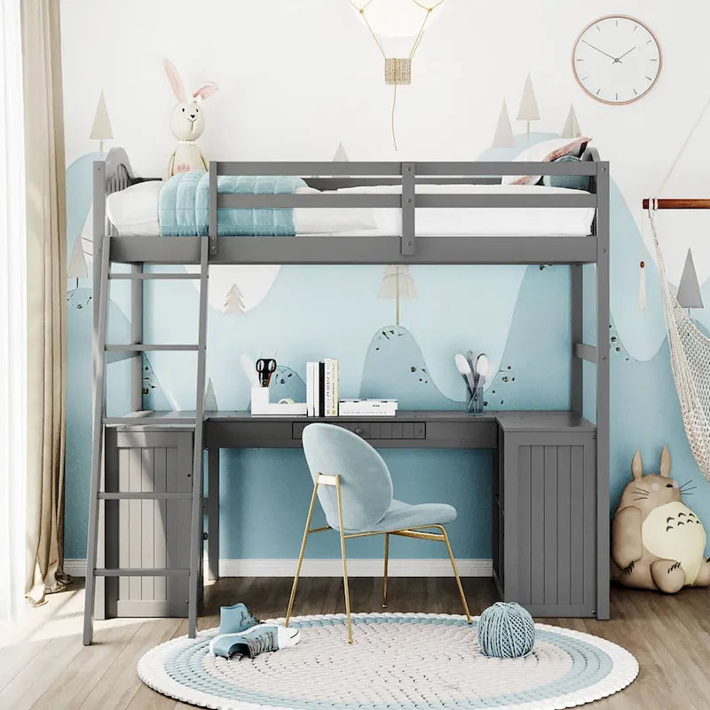 Cama alta tipo loft clásica de madera de pino con escritorio y almacenamiento integrados