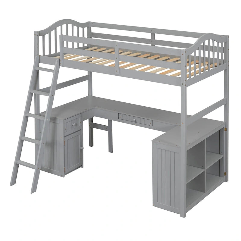 Cama alta tipo loft clásica de madera de pino con escritorio y almacenamiento integrados
