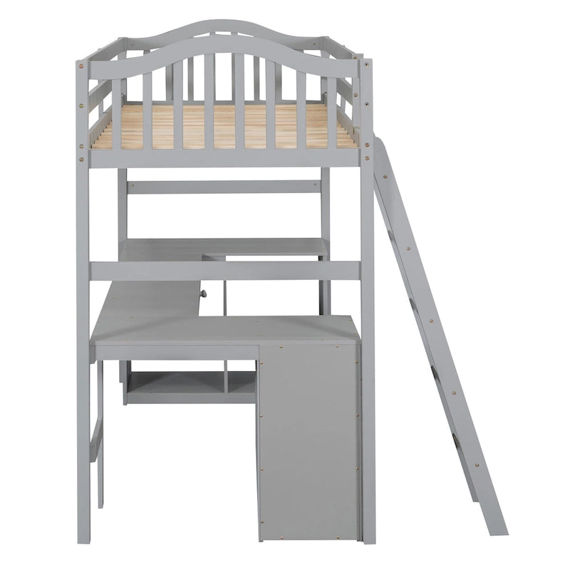 Cama alta tipo loft clásica de madera de pino con escritorio y almacenamiento integrados