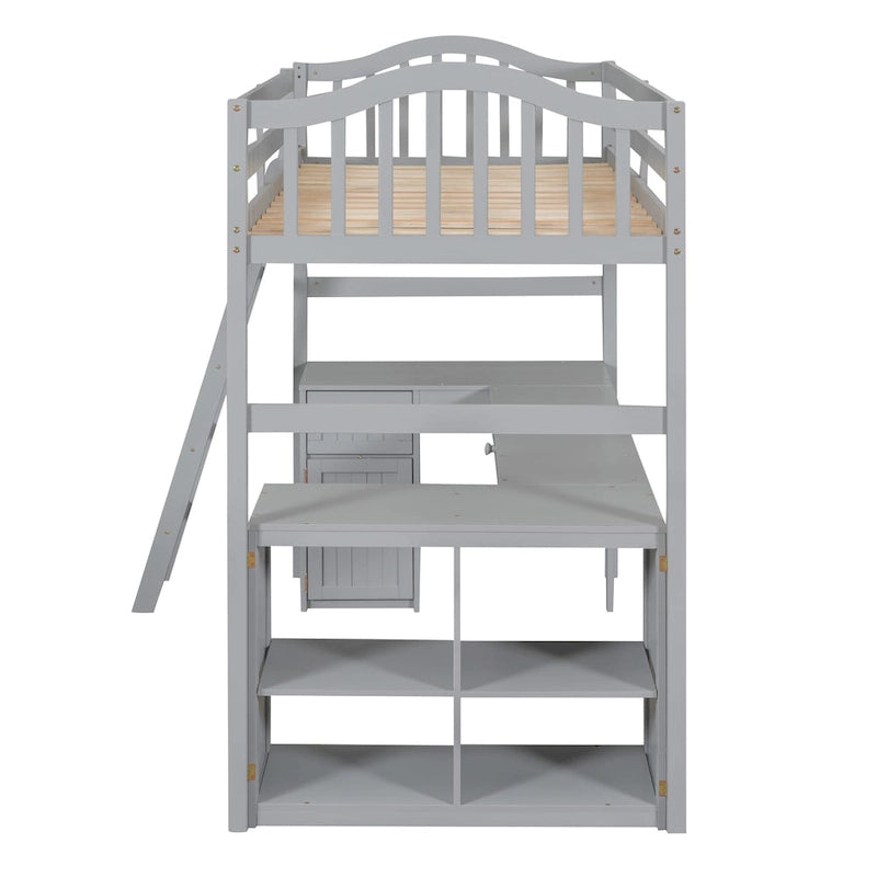 Cama alta tipo loft clásica de madera de pino con escritorio y almacenamiento integrados