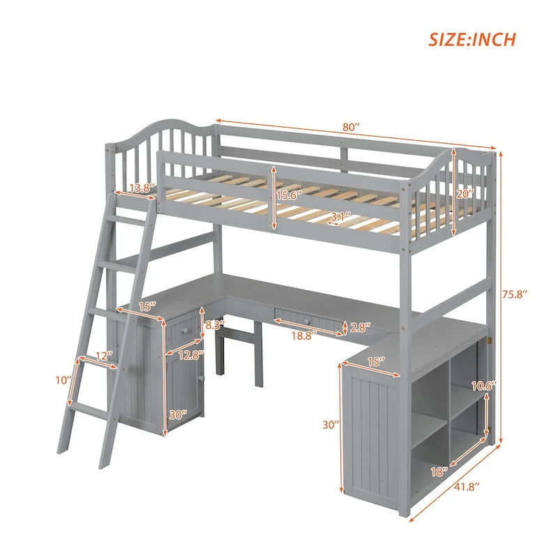 Cama alta tipo loft clásica de madera de pino con escritorio y almacenamiento integrados