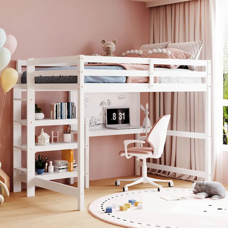 Cama alta moderna de madera de pino con escritorio y estantes integrados