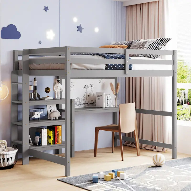 Cama alta moderna de madera de pino con escritorio y estantes integrados