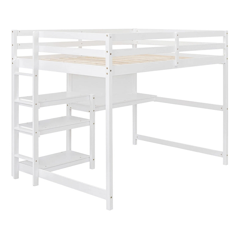 Cama alta moderna de madera de pino con escritorio y estantes integrados