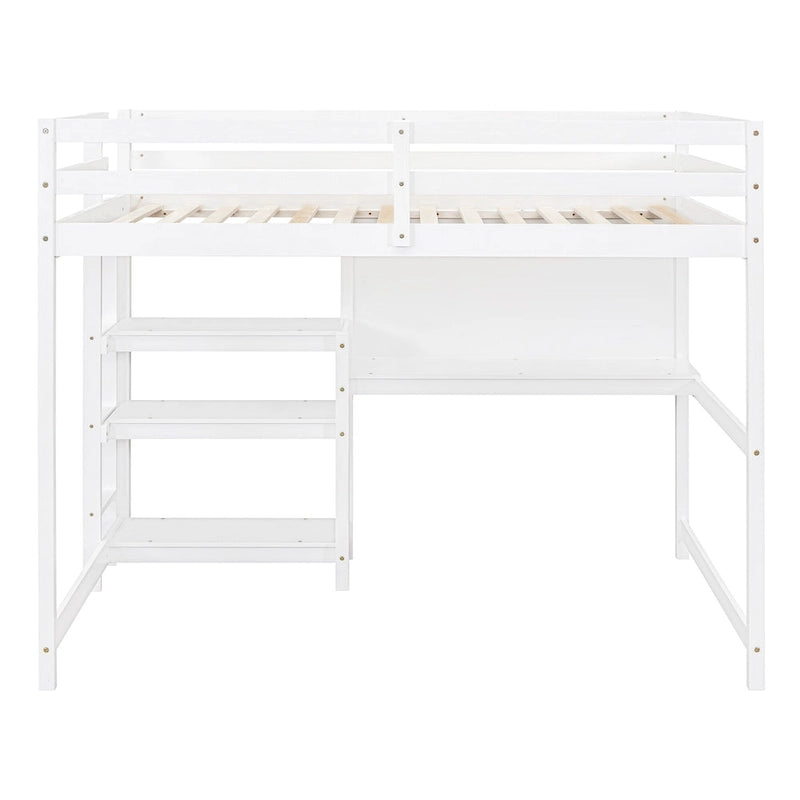 Cama alta moderna de madera de pino con escritorio y estantes integrados