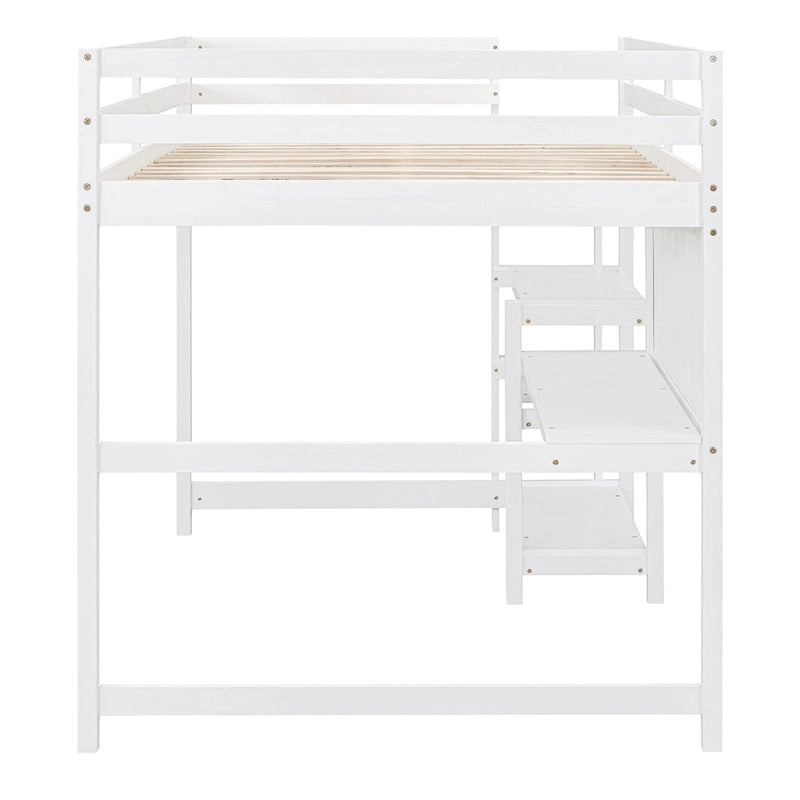 Cama alta moderna de madera de pino con escritorio y estantes integrados