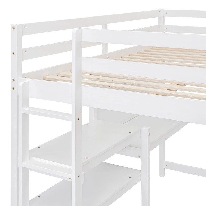 Cama alta moderna de madera de pino con escritorio y estantes integrados