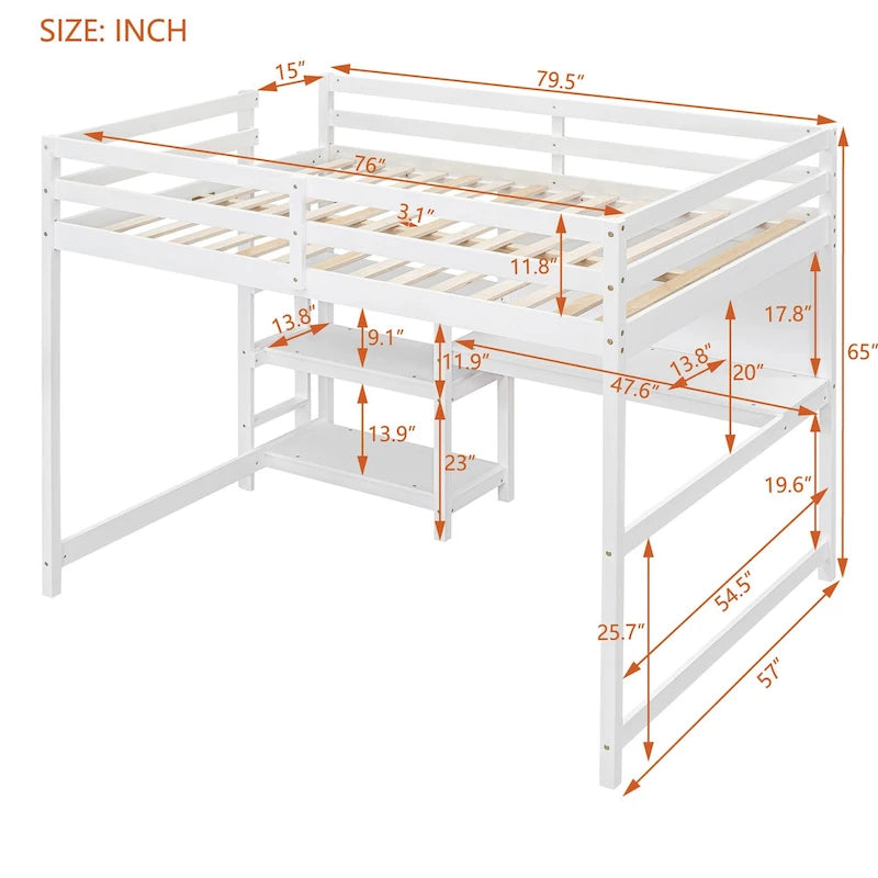 Cama alta moderna de madera de pino con escritorio y estantes integrados