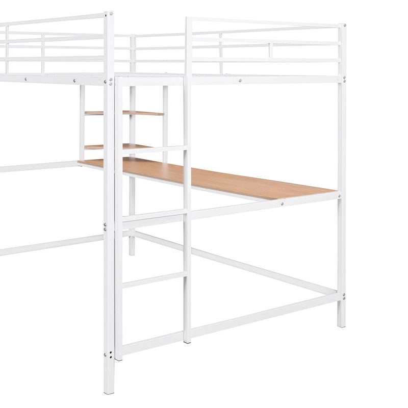Cama alta tipo loft moderna de metal blanco con escritorio y estantes integrados