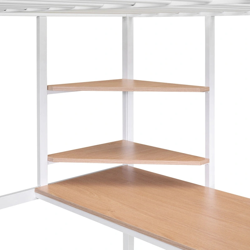 Cama alta tipo loft moderna de metal blanco con escritorio y estantes integrados