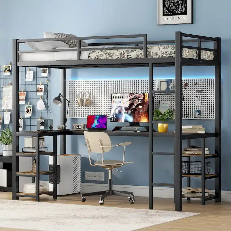Cama alta tipo loft industrial de metal negro con escritorio y estantes integrados