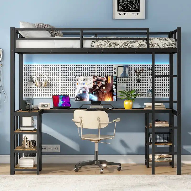 Cama alta tipo loft industrial de metal negro con escritorio y estantes integrados
