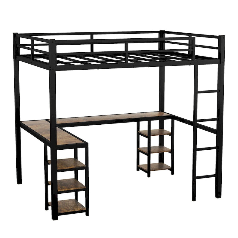 Cama alta tipo loft industrial de metal negro con escritorio y estantes integrados