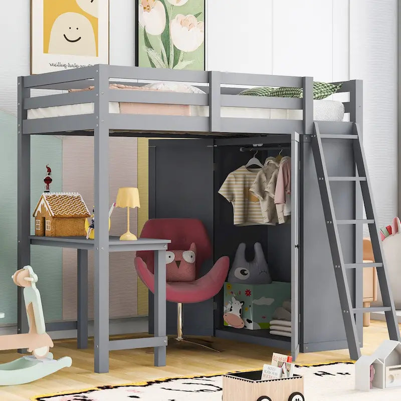 Cama alta tipo loft de madera de pino con armario, escritorio y estantes integrados