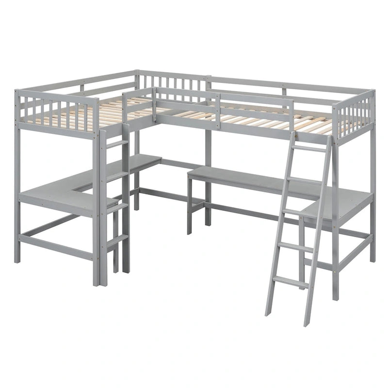 Letto alto a L in legno di pino con scrivanie e scale integrate