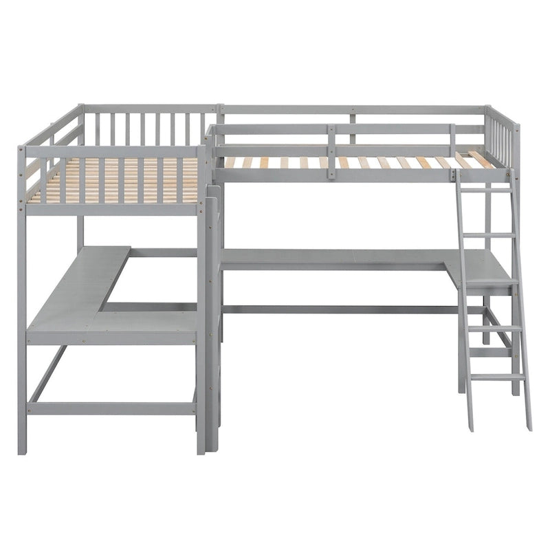 Letto alto a L in legno di pino con scrivanie e scale integrate