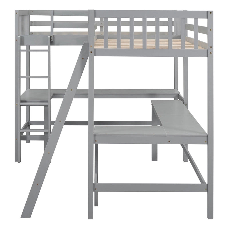 Cama alta tipo loft de madera de pino en forma de L con escritorios y escaleras integrados