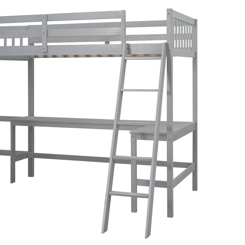 Letto alto a L in legno di pino con scrivanie e scale integrate