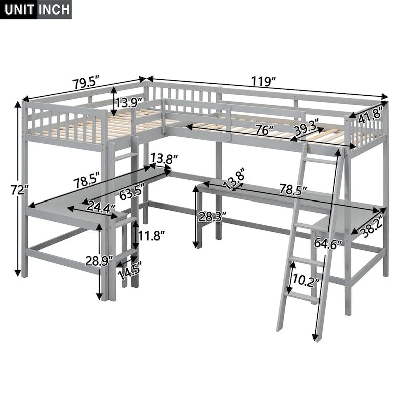 Letto alto a L in legno di pino con scrivanie e scale integrate