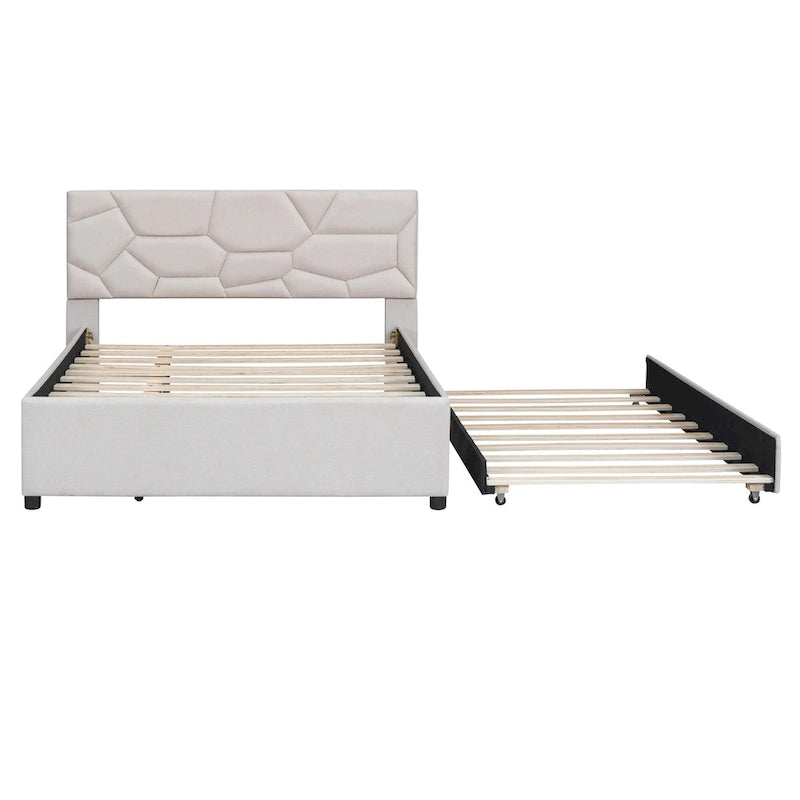 Modernes Polsterplattformbett mit geometrisch gepolstertem Kopfteil und Latten