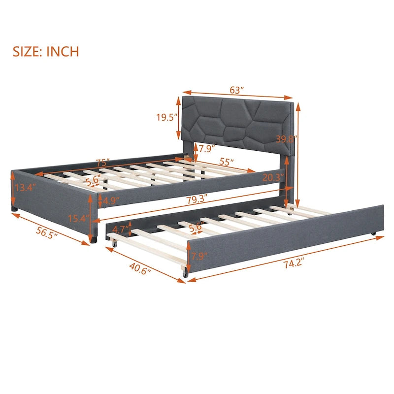 Modernes Polsterplattformbett mit geometrisch gepolstertem Kopfteil und Latten