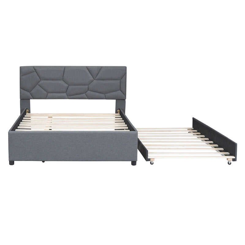 Modernes Polsterplattformbett mit geometrisch gepolstertem Kopfteil und Latten