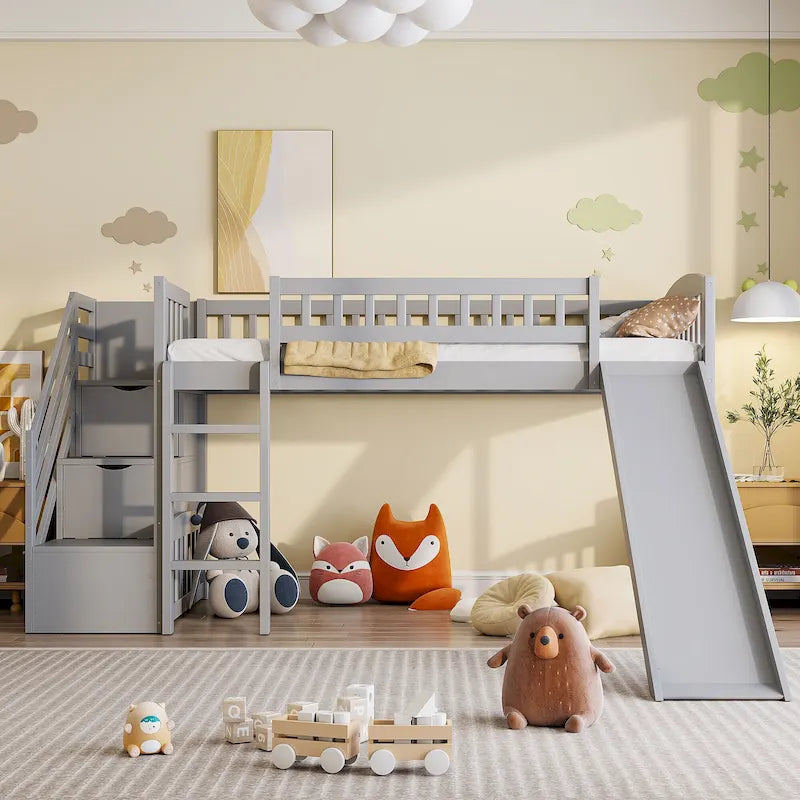 Cama baja tipo loft moderna de madera de pino con escaleras de almacenamiento integradas
