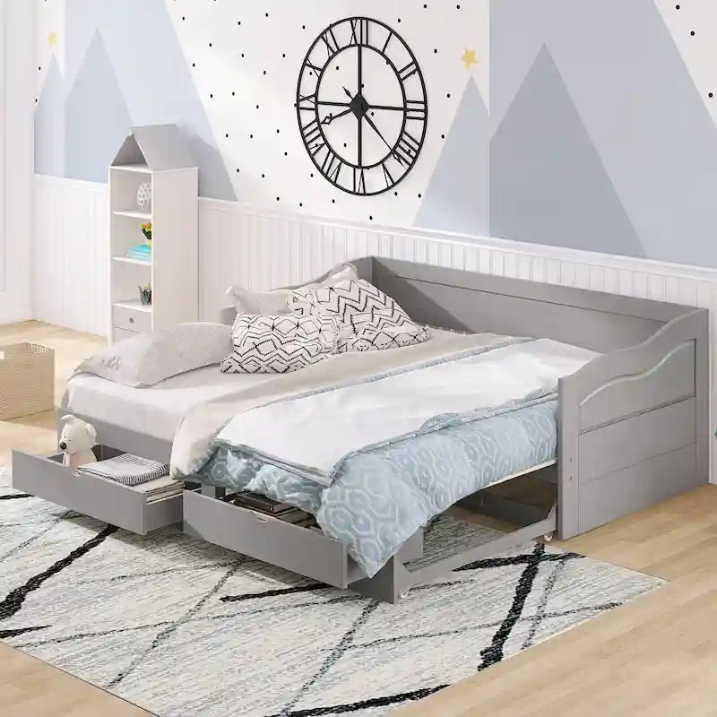 Cama nido clásica de madera con paneles laterales curvos y cajones de almacenamiento
