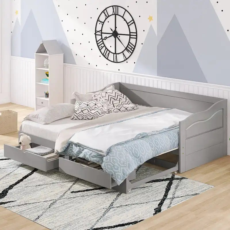 Cama nido clásica de madera con paneles laterales curvos y cajones de almacenamiento