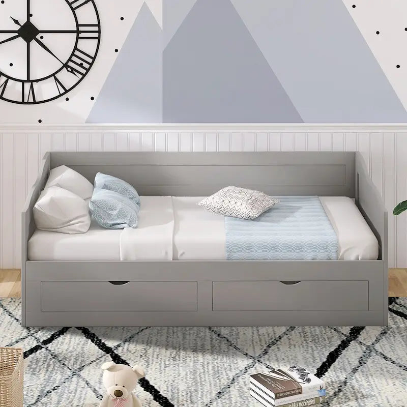 Cama nido clásica de madera con paneles laterales curvos y cajones de almacenamiento