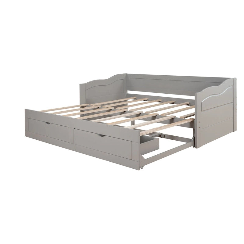 Cama nido clásica de madera con paneles laterales curvos y cajones de almacenamiento