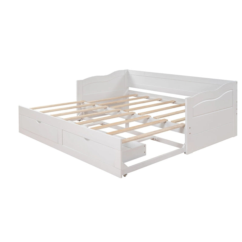 Cama nido clásica de madera con paneles laterales curvos y cajones de almacenamiento