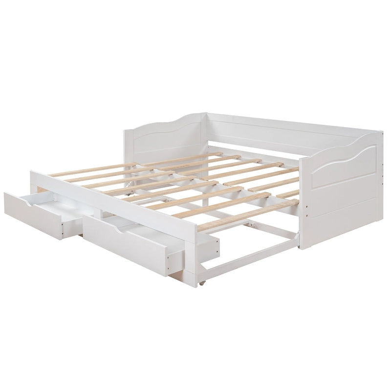 Cama nido clásica de madera con paneles laterales curvos y cajones de almacenamiento
