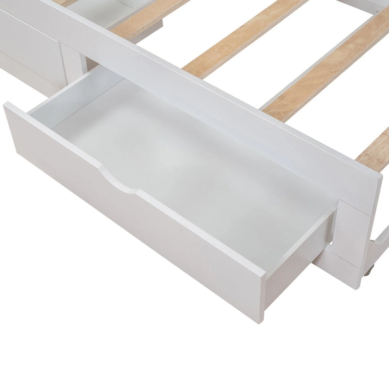 Cama nido clásica de madera con paneles laterales curvos y cajones de almacenamiento