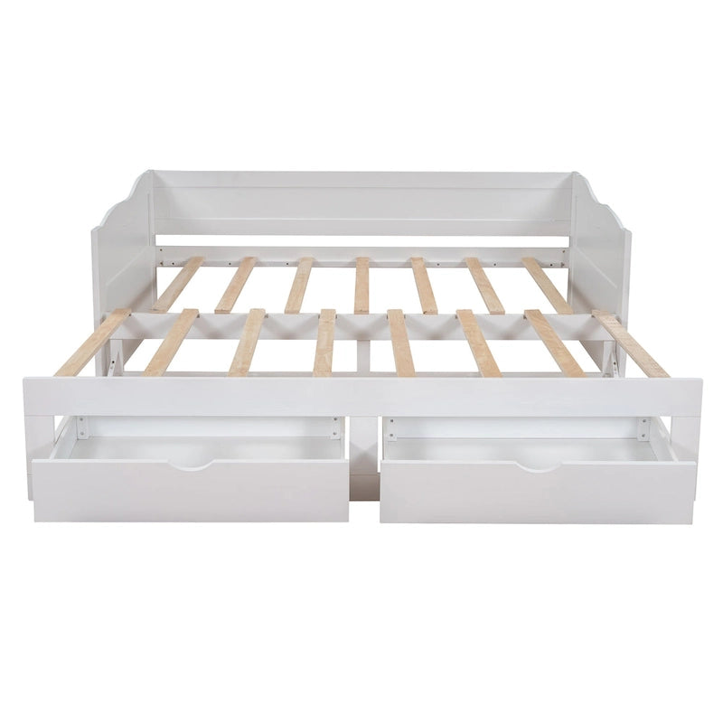 Cama nido clásica de madera con paneles laterales curvos y cajones de almacenamiento