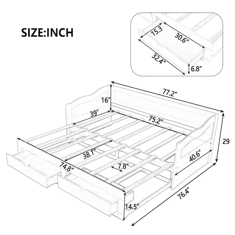 Cama nido clásica de madera con paneles laterales curvos y cajones de almacenamiento