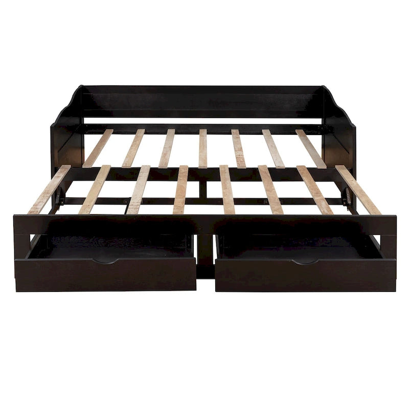 Cama nido clásica de madera con paneles laterales curvos y cajones de almacenamiento