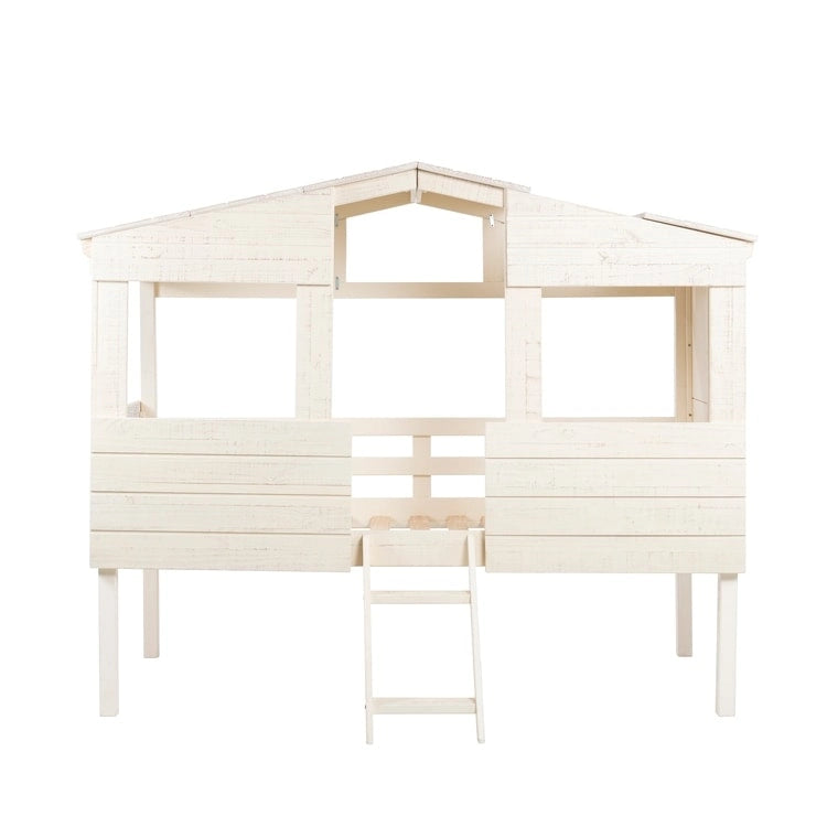 Cama baja tipo loft de madera con escritorio extraíble, librero y almacenamiento