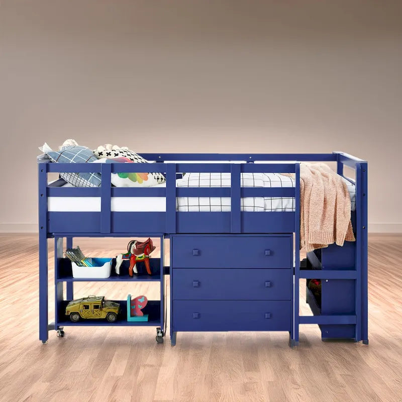Cama baja tipo loft de madera con escritorio extraíble, librero y almacenamiento