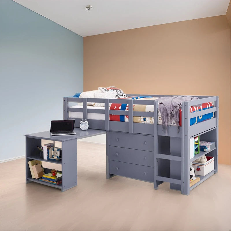 Cama baja tipo loft de madera con escritorio extraíble, librero y almacenamiento