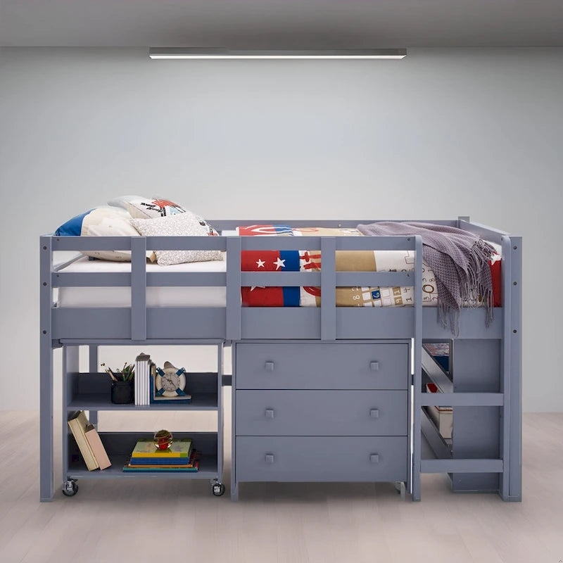 Cama baja tipo loft de madera con escritorio extraíble, librero y almacenamiento