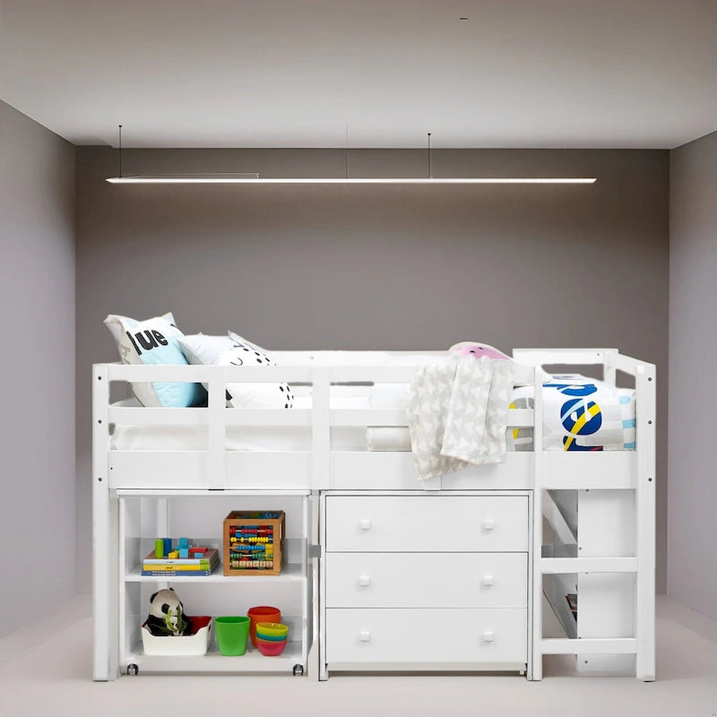 Cama baja tipo loft de madera con escritorio extraíble, librero y almacenamiento