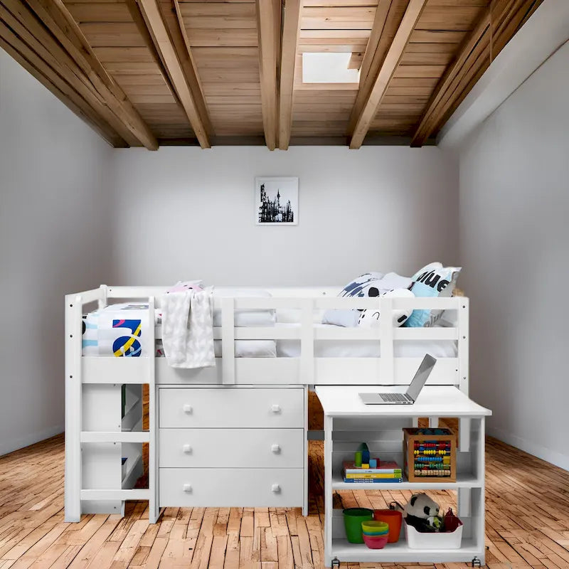 Cama baja tipo loft de madera con escritorio extraíble, librero y almacenamiento