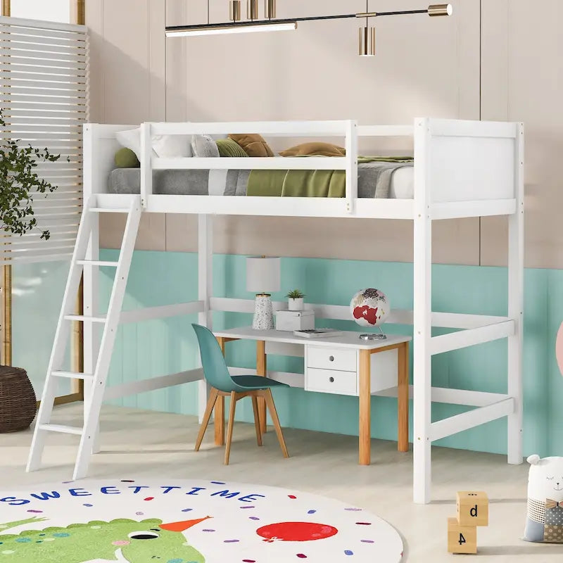 Estructura de cama alta moderna de madera de pino maciza con escalera inclinada