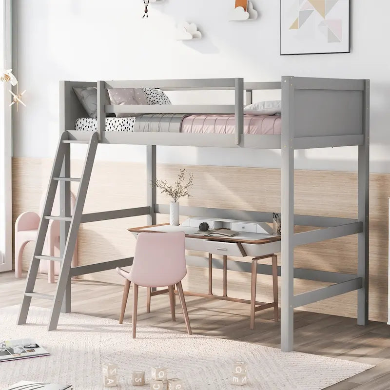 Estructura de cama alta moderna de madera de pino maciza con escalera inclinada