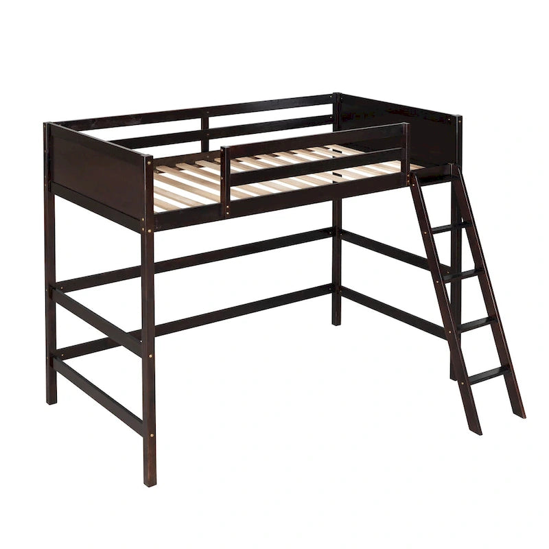 Estructura de cama alta moderna de madera de pino maciza con escalera inclinada