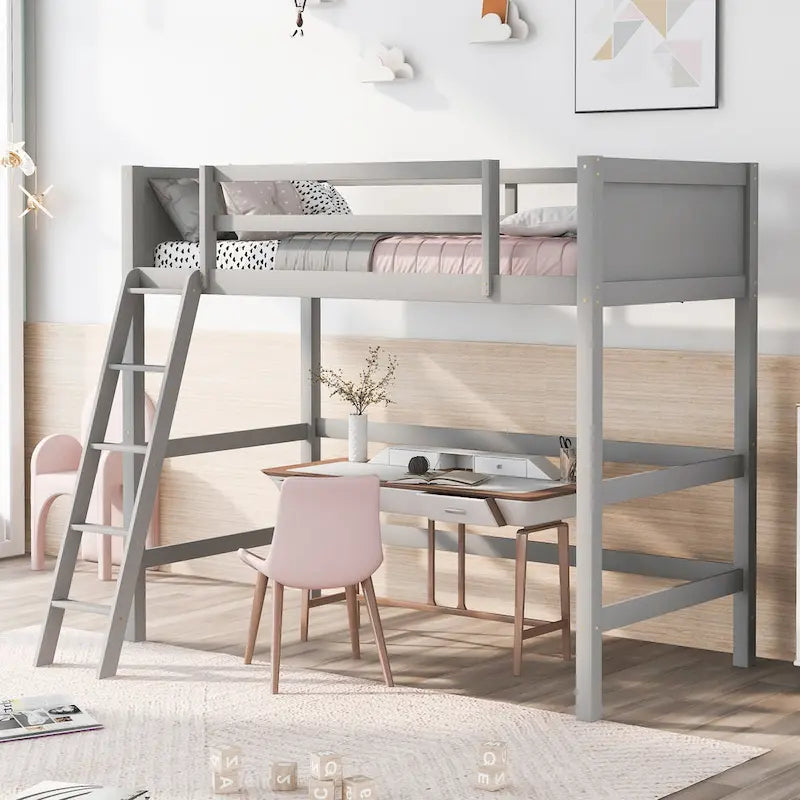 Estructura de cama alta moderna de madera de pino maciza con escalera inclinada
