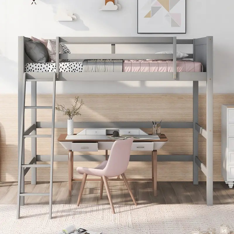 Estructura de cama alta moderna de madera de pino maciza con escalera inclinada