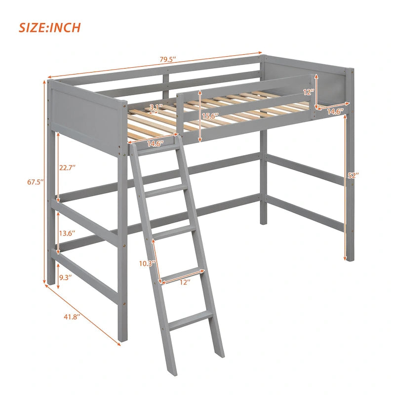 Estructura de cama alta moderna de madera de pino maciza con escalera inclinada